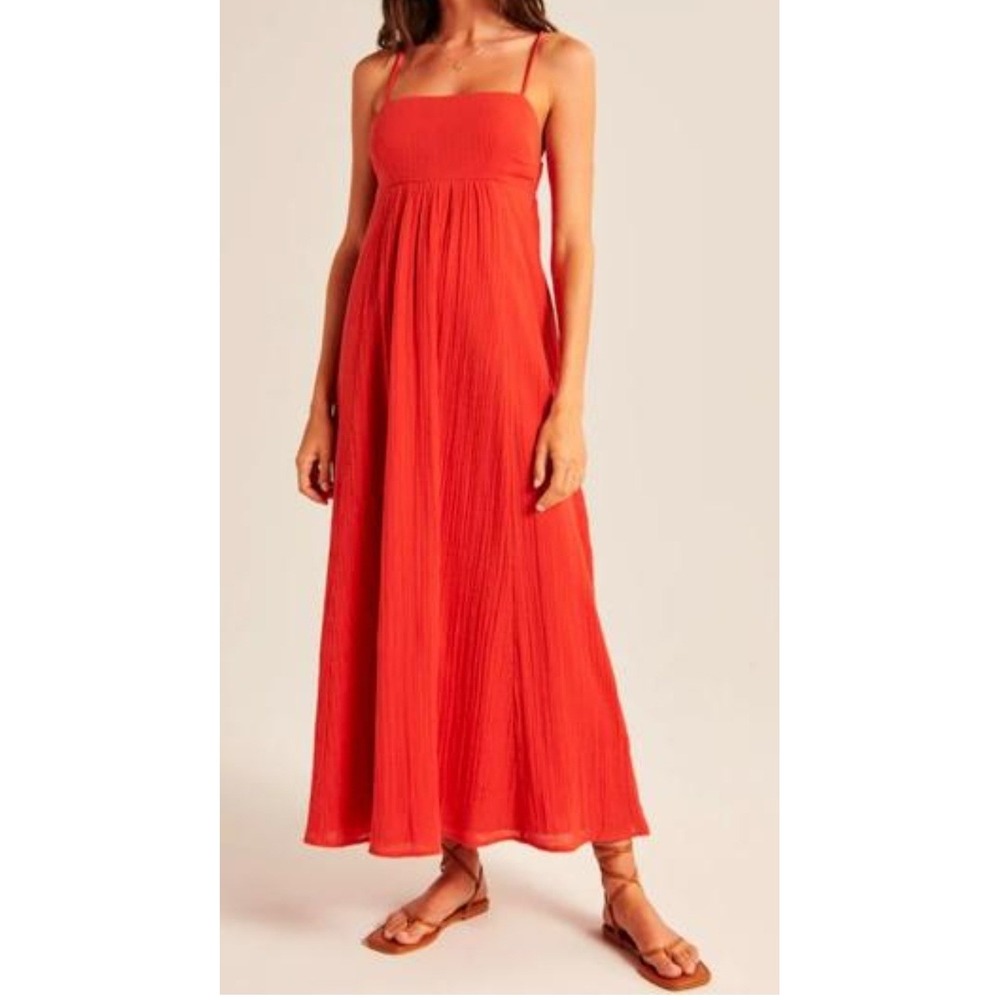Abercrombie & Fitch Red Cotton Gauze Babydoll Maxi Dress Square Neck Sz L